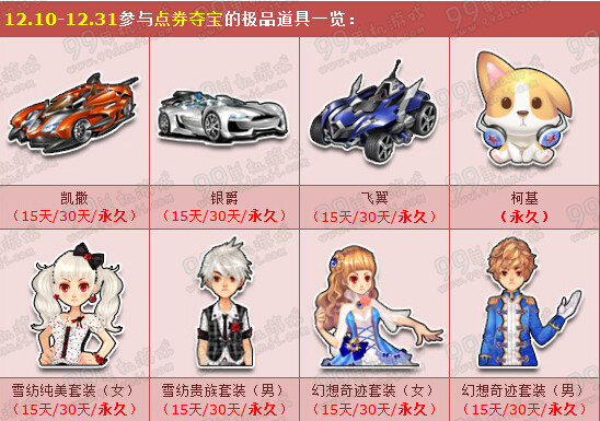 QQ飞车双12大回馈点券夺宝物品一览