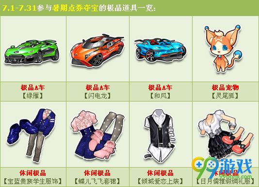 QQ飞车7月暑期点券大夺宝活动详情 三款A车促销一览