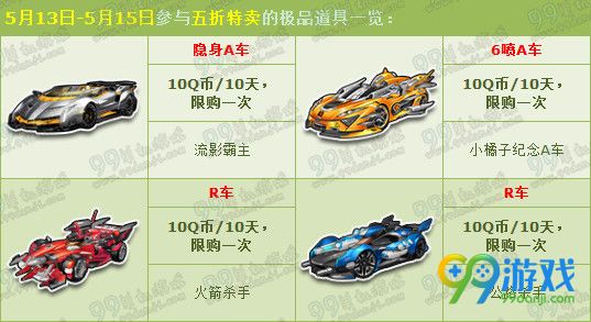 QQ飞车5月13日-5月19日赛车狂欢周五折道具一览