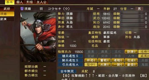 三国志13项羽属性怎么样 项羽属性战法