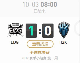 lol2016全球总决赛10月3日EDG vs H2K文字战报 1:0