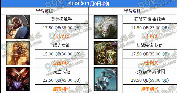 LOL11月6日半价英雄皮肤购买地址 11月6日半价皮肤英雄一览