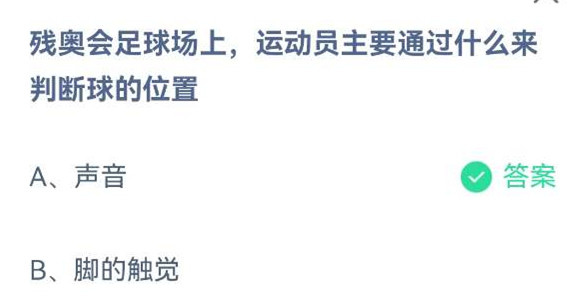 《蚂蚁庄园》残奥会足球场上，运动员主要通过什么来判断球的位置(5月13日)
