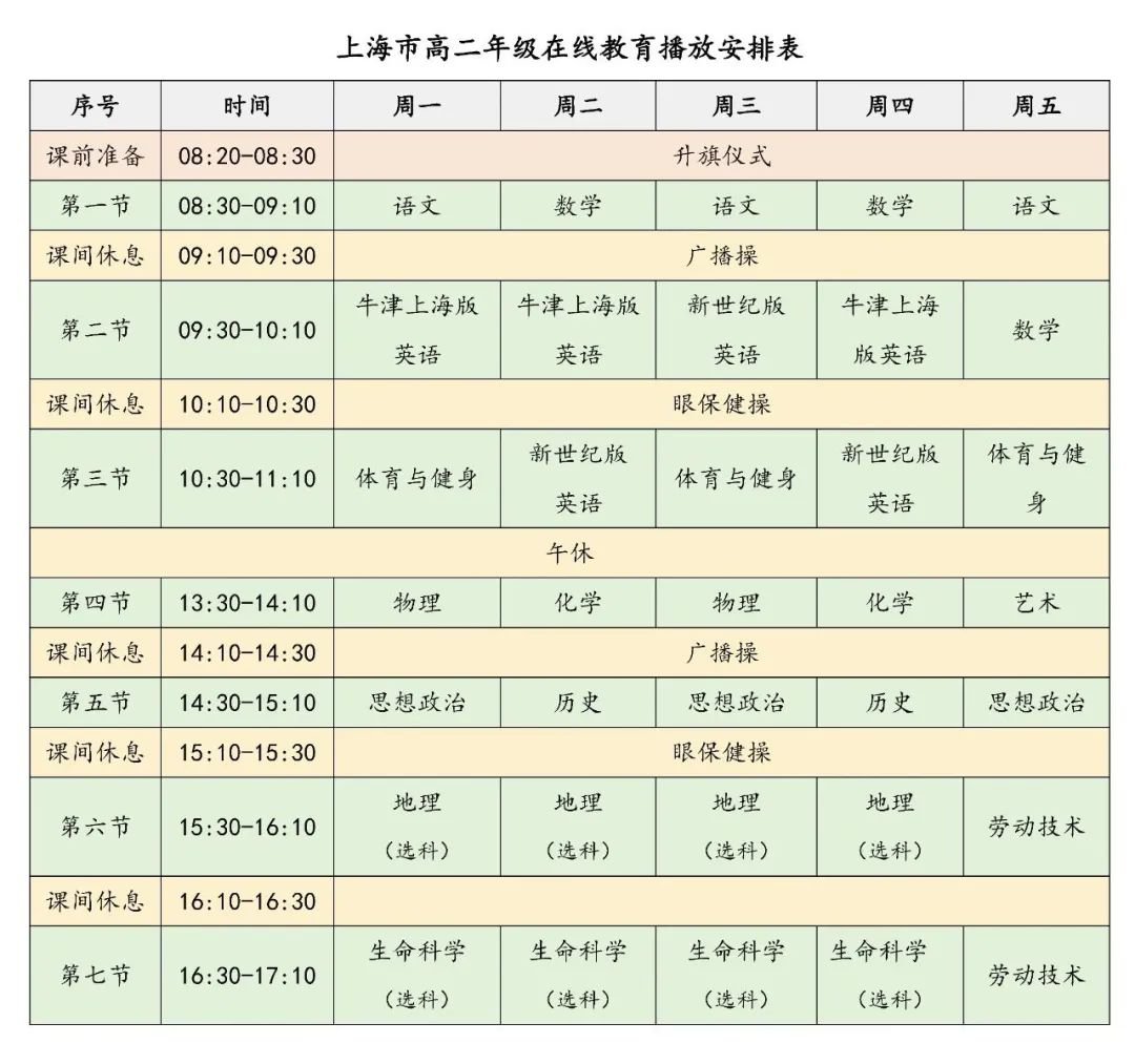 2020上海市中小学生空中课堂在线教育课程表（秋季）