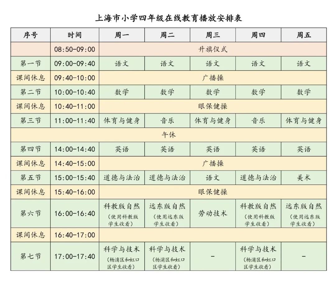 2020上海市中小学生空中课堂在线教育课程表（秋季）