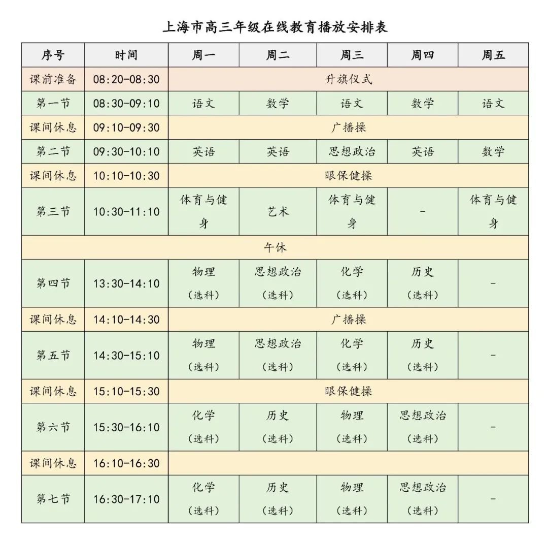 2020上海市中小学生空中课堂在线教育课程表（秋季）
