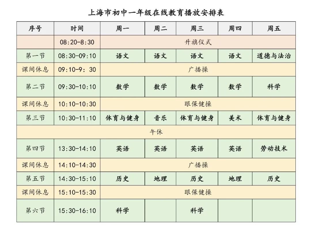 2020上海市中小学生空中课堂在线教育课程表（秋季）