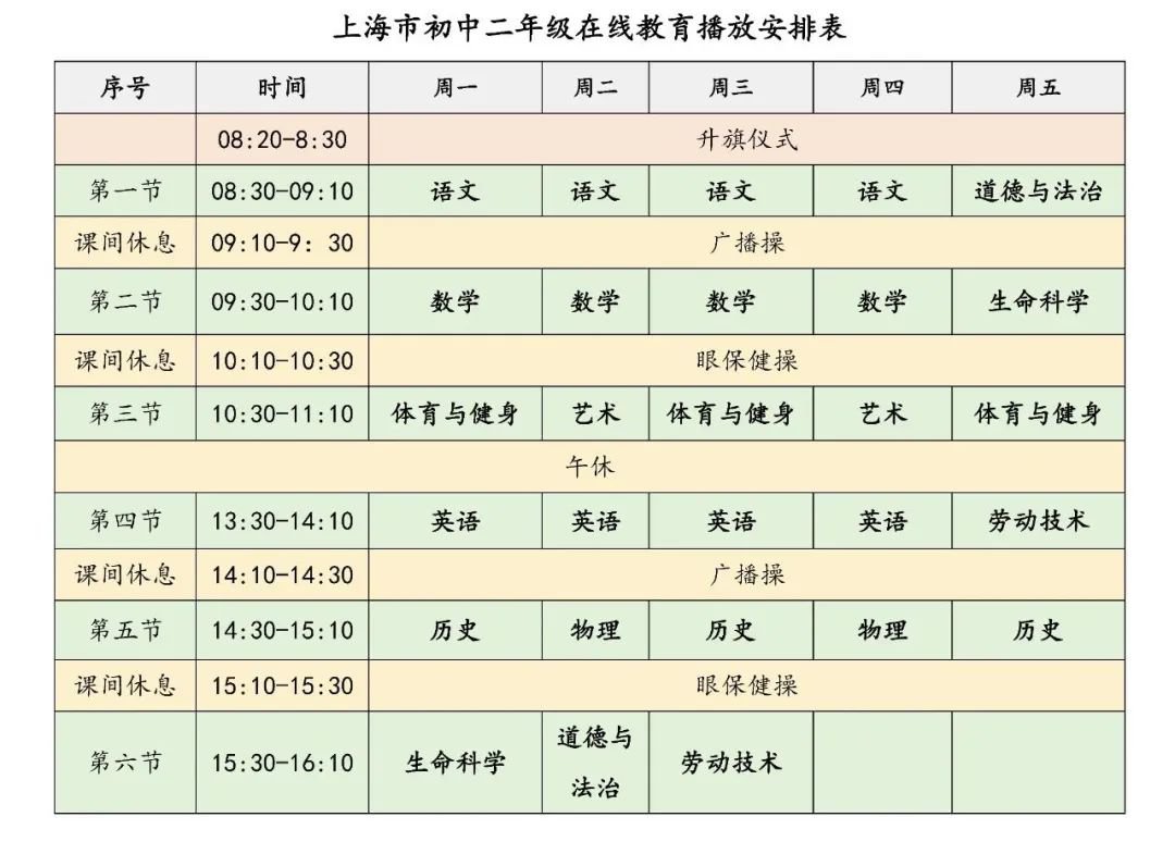 2020上海市中小学生空中课堂在线教育课程表（秋季）