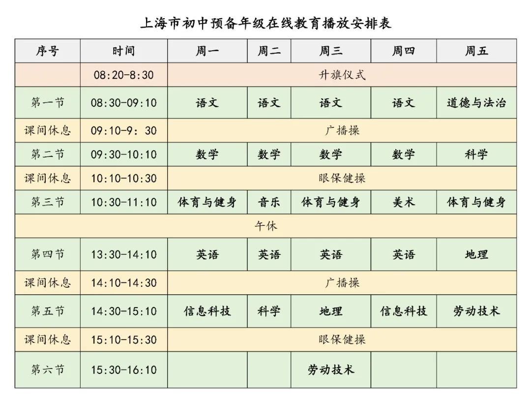 2020上海市中小学生空中课堂在线教育课程表（秋季）